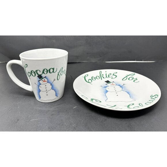 PIER 1 COOKIES COCOA FOR SANTA CLAUS Mug & Plate Set Smiling Snowman Christmas - Picture 2 of 15